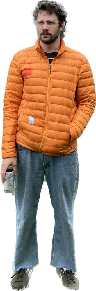 Me standing straight on in a bright orange puffy jacket, jeans and worn shoes, holding a can, cut out of the background.