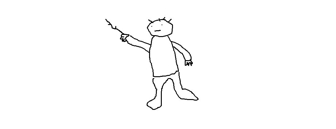 A line drawing of a boy on a white ground, in a single wobbly black line. A few spikes of hair, dots for eyes, a short straight mouth. He holds a forked stick out at arm’s length in one hand; the other arm hangs at his side with the fingers splayed. He is barefoot, mid-stride.
