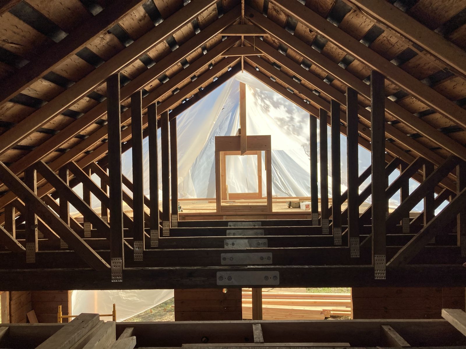 Looking up into a roof under an open gable — a row of dark timber trusses receding one behind another, joined with steel plates. Plastic sheeting billows at the far end where the wall is open, a small window frame standing in the opening. Sunlight coming through the plastic.